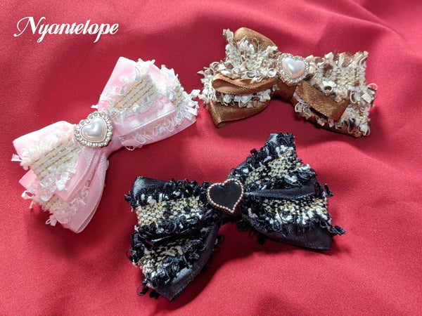 【GLM14】ツイードリボンクリップ(ブラック、ピンク、ブラウン) ゴスロリ 甘ロリ ロリータ ロリィタ