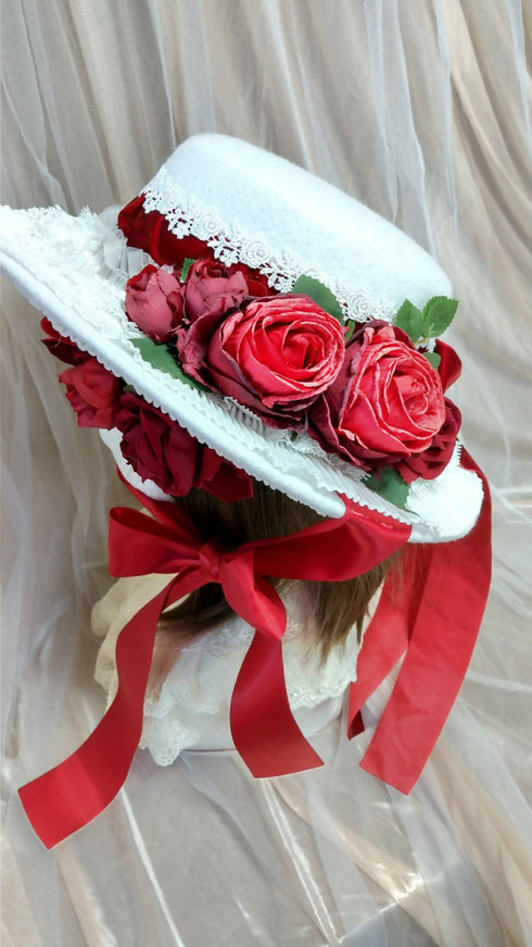 ボルドー薔薇リボン白スペシャルフェルトハット