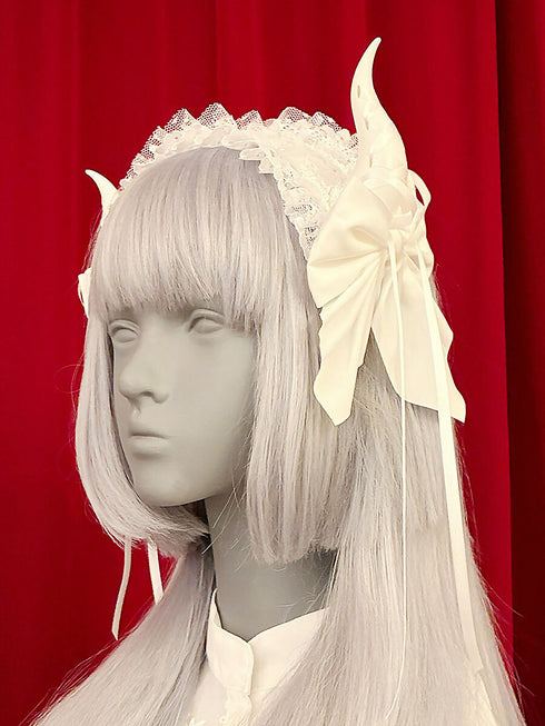 レースアップホーン ヘッドドレス/白×白