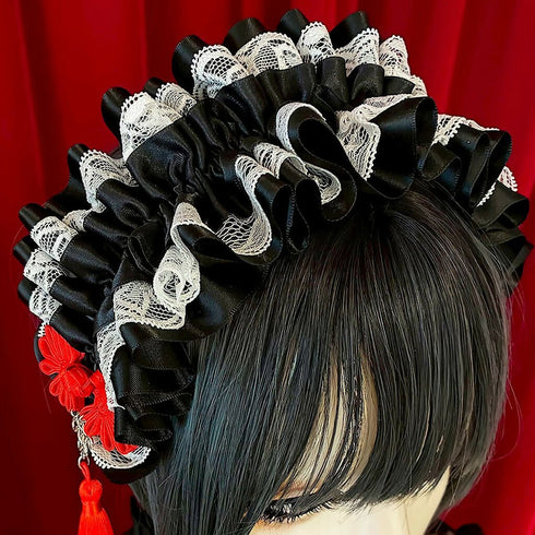 アジアンゴシックタッセルカチューシャ/黒×白×赤タッセル