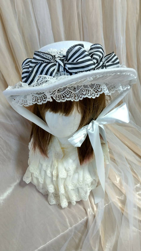 ストライプリボンフェルトハット白