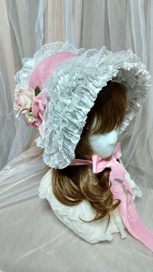 ピンク薔薇総レースボンネット
