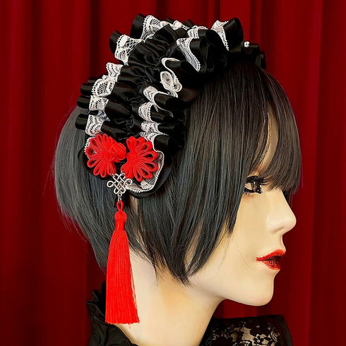 アジアンゴシックタッセルカチューシャ/黒×白×赤タッセル