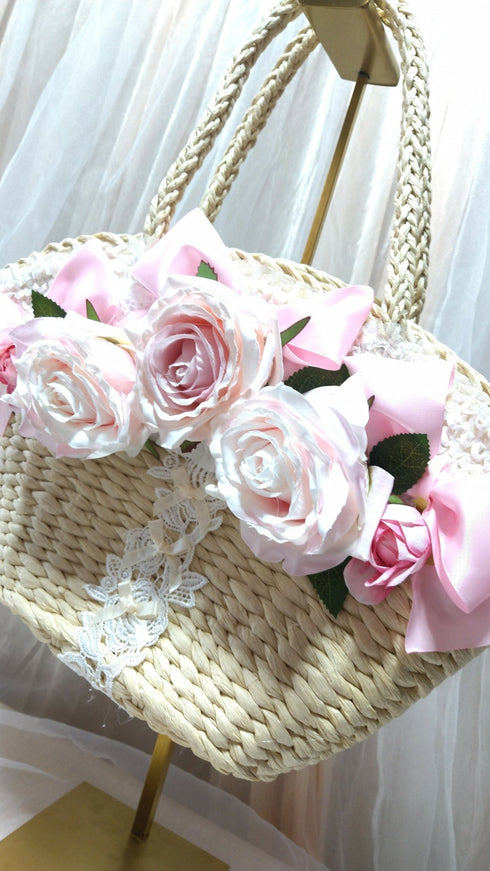 ピンク薔薇とリボンのかごバッグ
