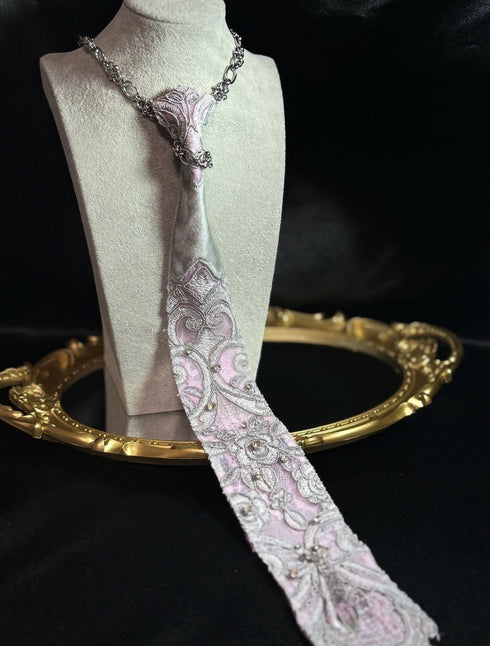 Pink Gray lace tie
