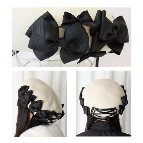 レースアップリボンベレー ベレー帽 帽子 リボン 冬 【LALUICE】