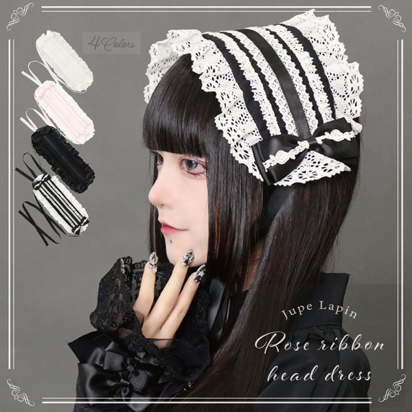 JupeLapin薔薇リボンヘッドドレス ブラック ホワイト ピンク