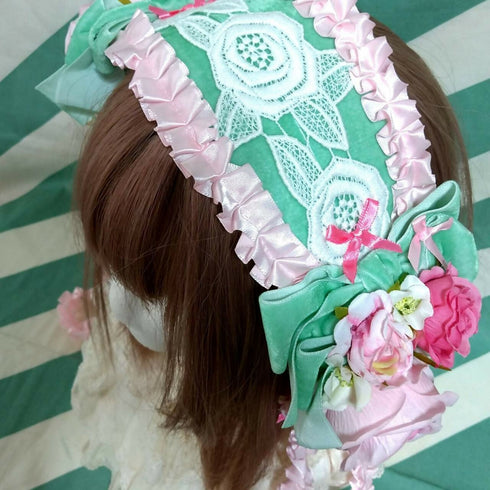 グリーンリボンの薔薇ヘッドドレス