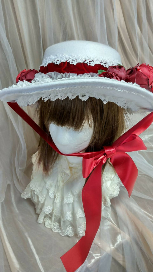 ボルドー薔薇リボン白スペシャルフェルトハット