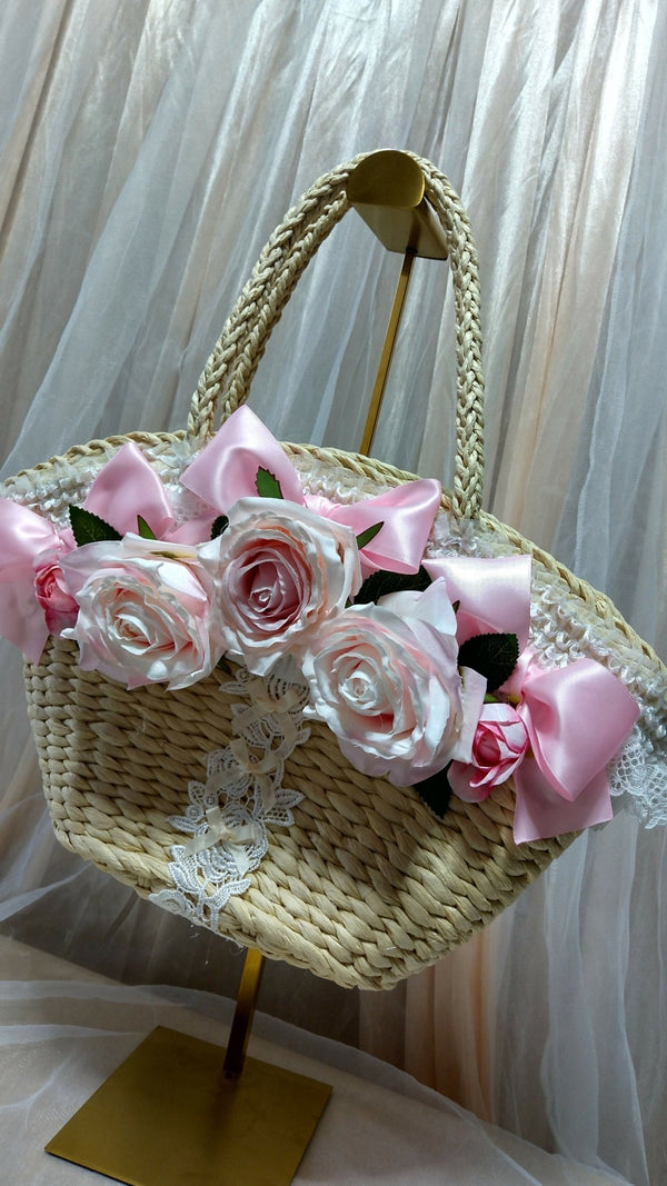 ピンク薔薇とリボンのかごバッグ