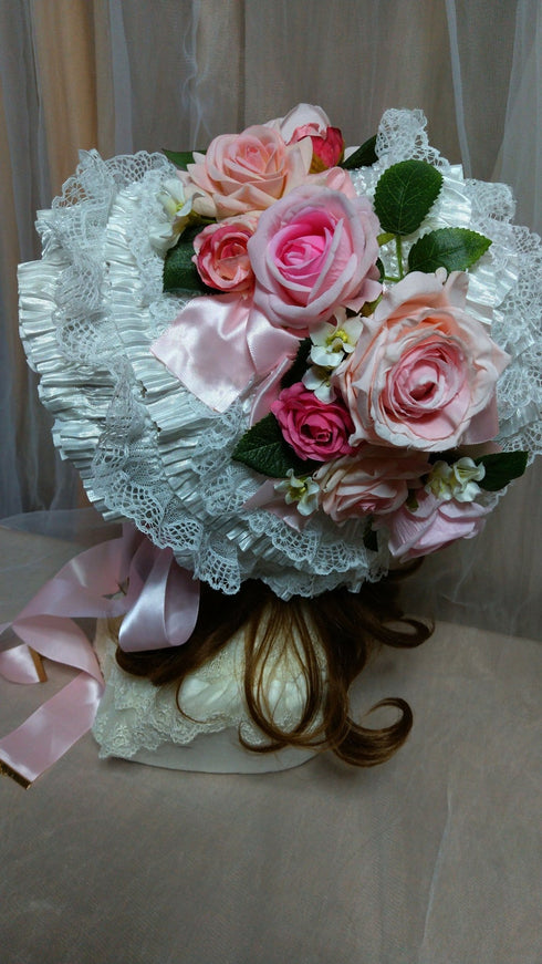 総レースゴージャスボンネット白×ピンク