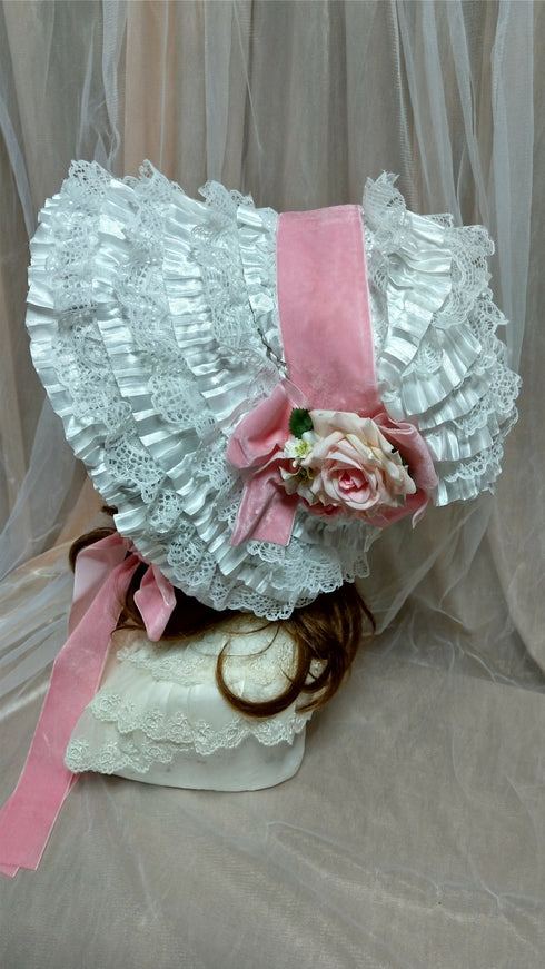 ピンク薔薇総レースボンネット