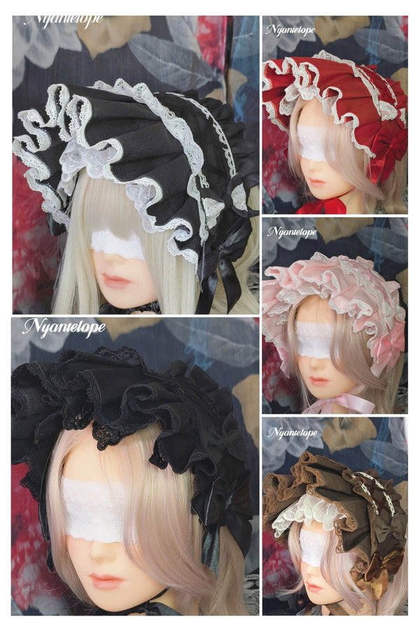 【GLM14】レースアップハーフボンネット (ブラック、レッド、ピンク、ブラウン、ホワイト×ブラック) ロリータ ロリィタ ゴスロリ