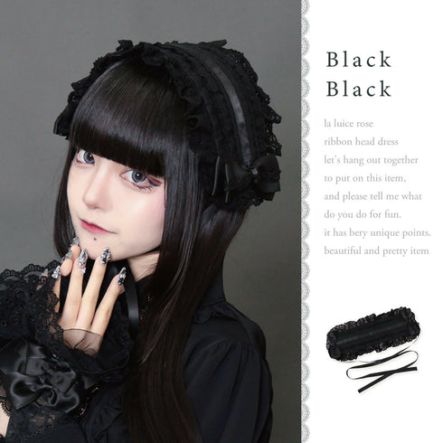 JupeLapin薔薇リボンヘッドドレス ブラック ホワイト ピンク