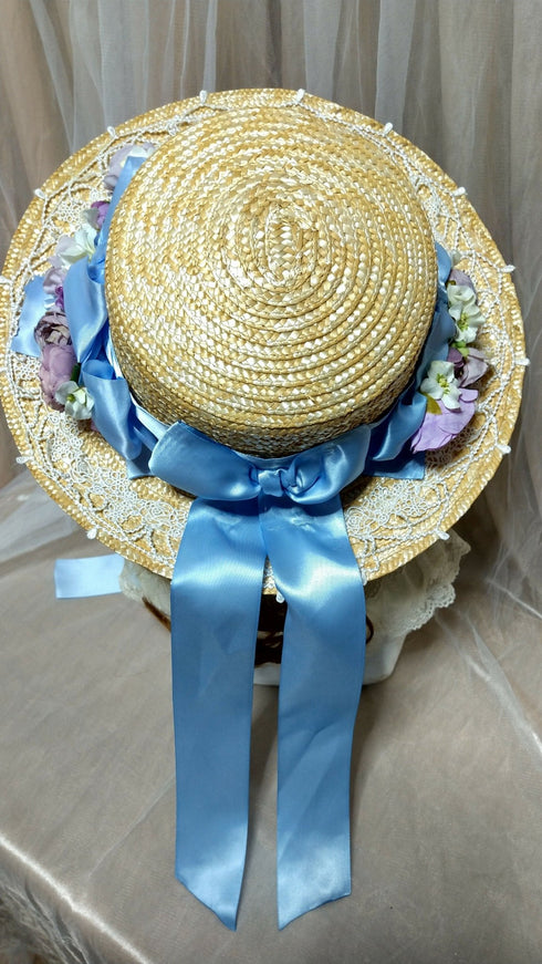 Blue Ribbon and Small Rose Straw Hat