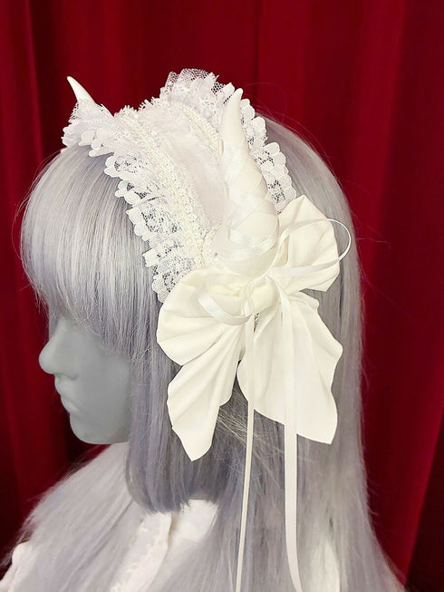 レースアップホーン ヘッドドレス/白×白