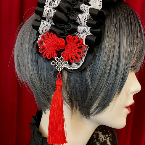 アジアンゴシックタッセルカチューシャ/黒×白×赤タッセル