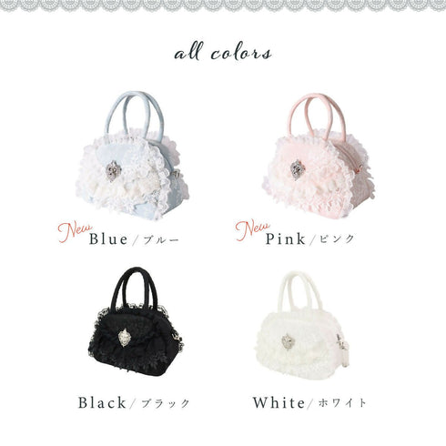 アリスワンダーボストンバッグ レース フリル ブローチ付き ショルダーバッグ ブラック ホワイト 【LALUICE公式】