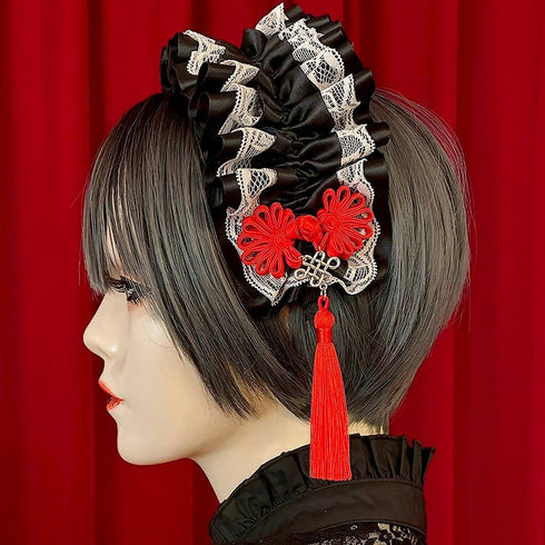 アジアンゴシックタッセルカチューシャ/黒×白×赤タッセル