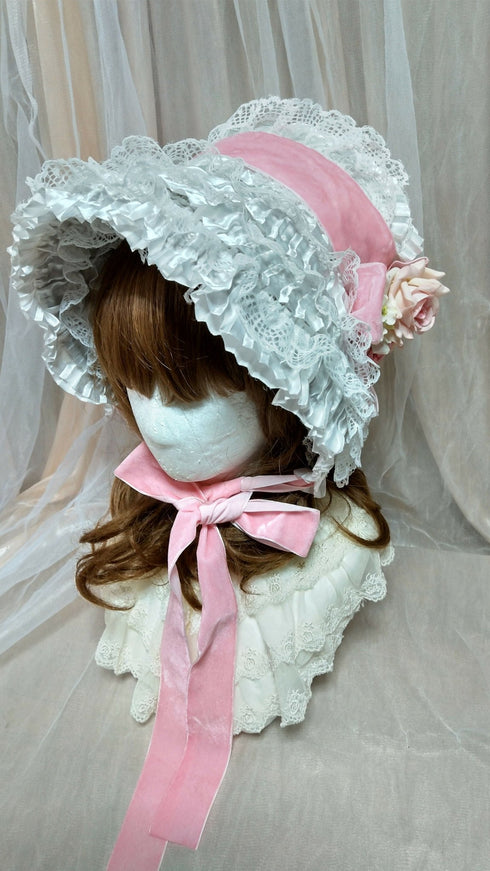ピンク薔薇総レースボンネット