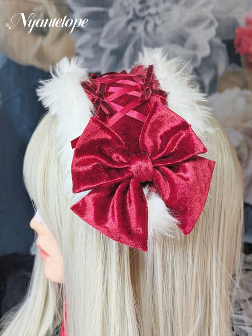 ベロアリボンとふわふわヘッドドレス(レッド) ロリータ ロリィタ