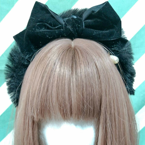 ファーリボンカチューシャ(黒×黒リボン)