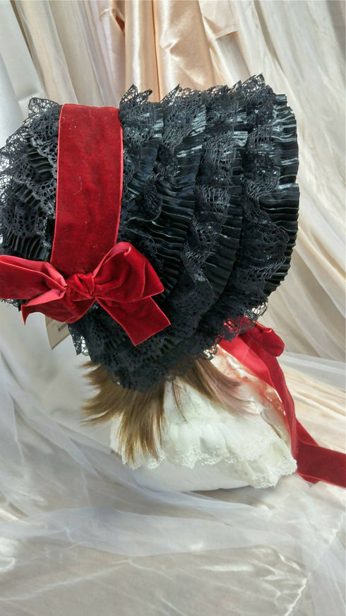黒×ボルドーリボン総レースボンネット