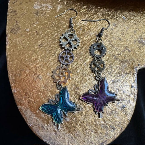 蝶・歯車ピアス(パープル・ブルー)