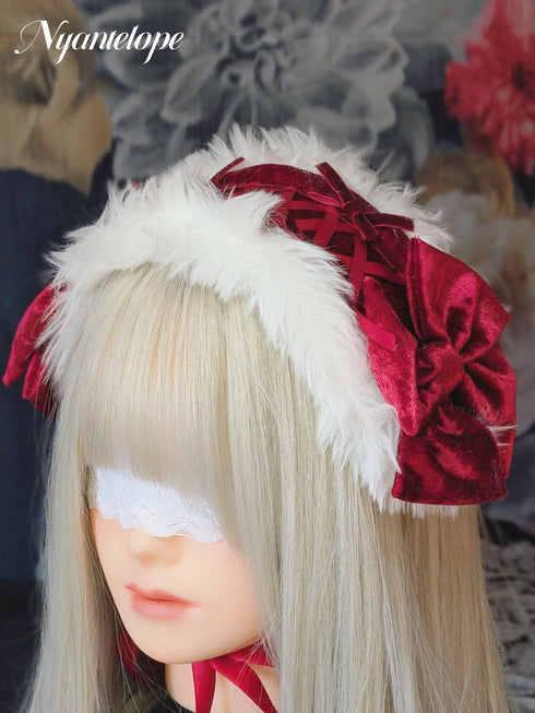 ベロアリボンとふわふわヘッドドレス(レッド) ロリータ ロリィタ