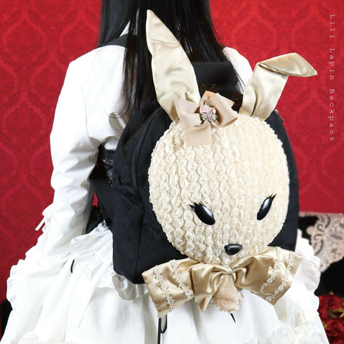 リリラパンリュック ウサギ うさぎ ラビット バラ レース ブラック ベージュ【LALUICE】