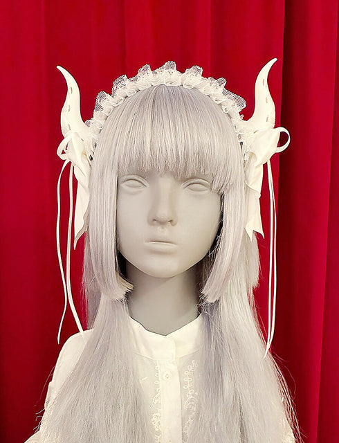 レースアップホーン ヘッドドレス/白×白