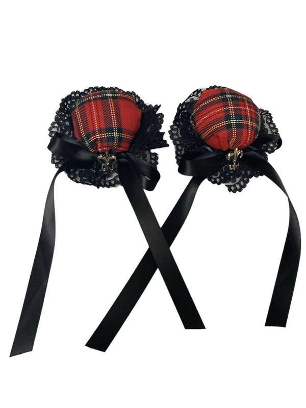 赤黒チェックのお団子ヘアクリップ