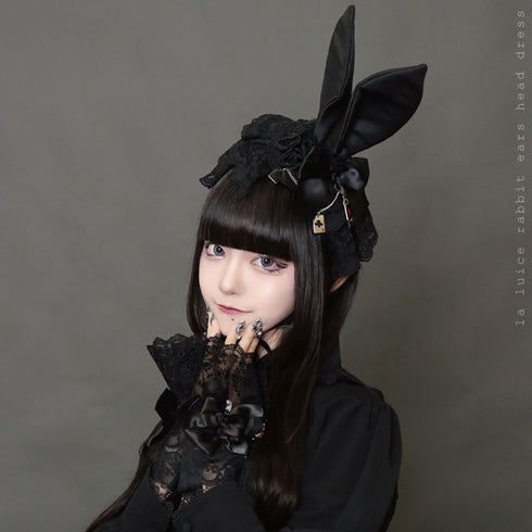 うさ耳カチューシャ うさ耳 ウサギ うさぎ アリス ヘッドドレス 髪飾り ヘアアクセサリー レース リボン ブラック ホワイト