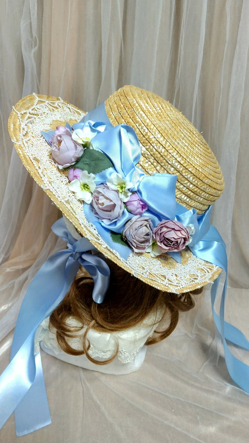 Blue Ribbon and Small Rose Straw Hat