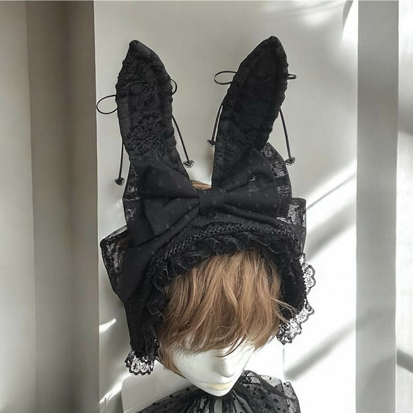 うさぎのハーフボンネット ブラック リボンブローチ