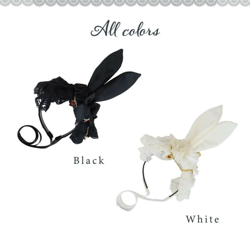 うさ耳カチューシャ うさ耳 ウサギ うさぎ アリス ヘッドドレス 髪飾り ヘアアクセサリー レース リボン ブラック ホワイト