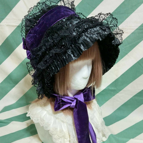パープルリボンの総レースボンネット黒