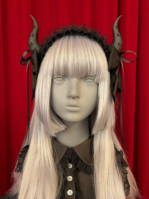 レースアップホーン ヘッドドレス/黒×黒