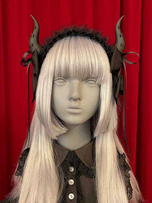 レースアップホーン ヘッドドレス/黒×黒