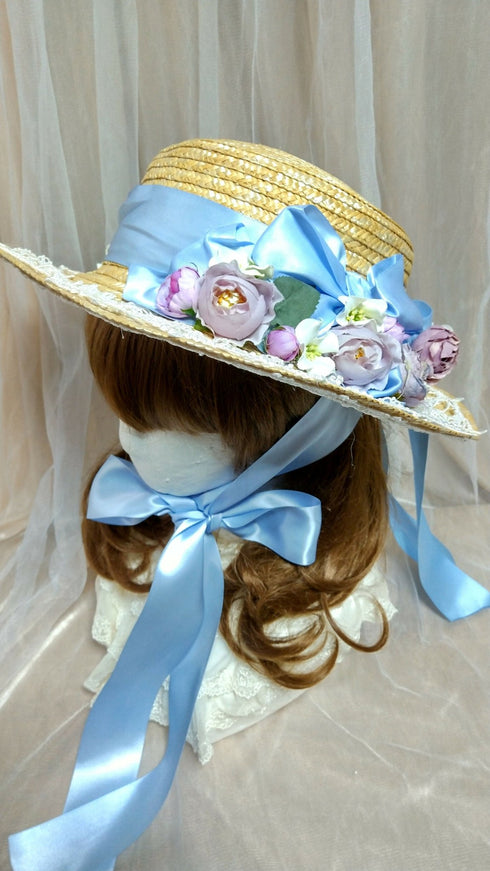 Blue Ribbon and Small Rose Straw Hat