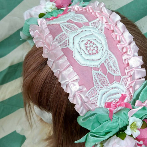 ピンクリボン薔薇×グリーンヘッドドレス