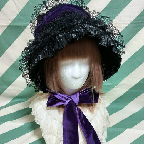 パープルリボンの総レースボンネット黒
