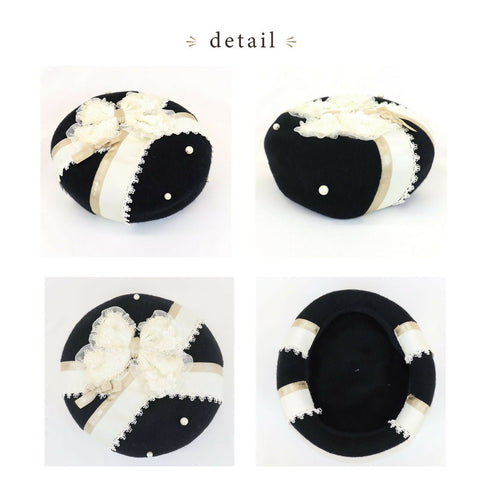 ロマンチッククロスベレー 冬 ベレー帽 防寒対策 おしゃれ かわいい あったかい レディース ウール 秋冬 パール レース リボン 上品 クリスマス ギフト プレゼント【LALUICE ラルイス】