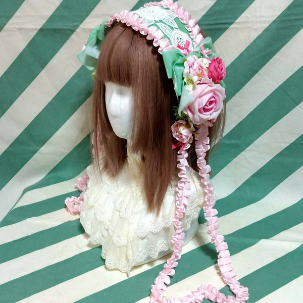 グリーンリボンの薔薇ヘッドドレス